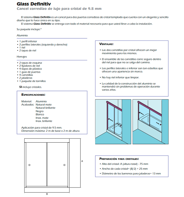 CANCEL PARA BAÑO CORREDIZO DE LUJO MOD GLASS DEFINITIV CRISTAL T DE 10 MM 1.5 X 2 MTS - Ideas Home